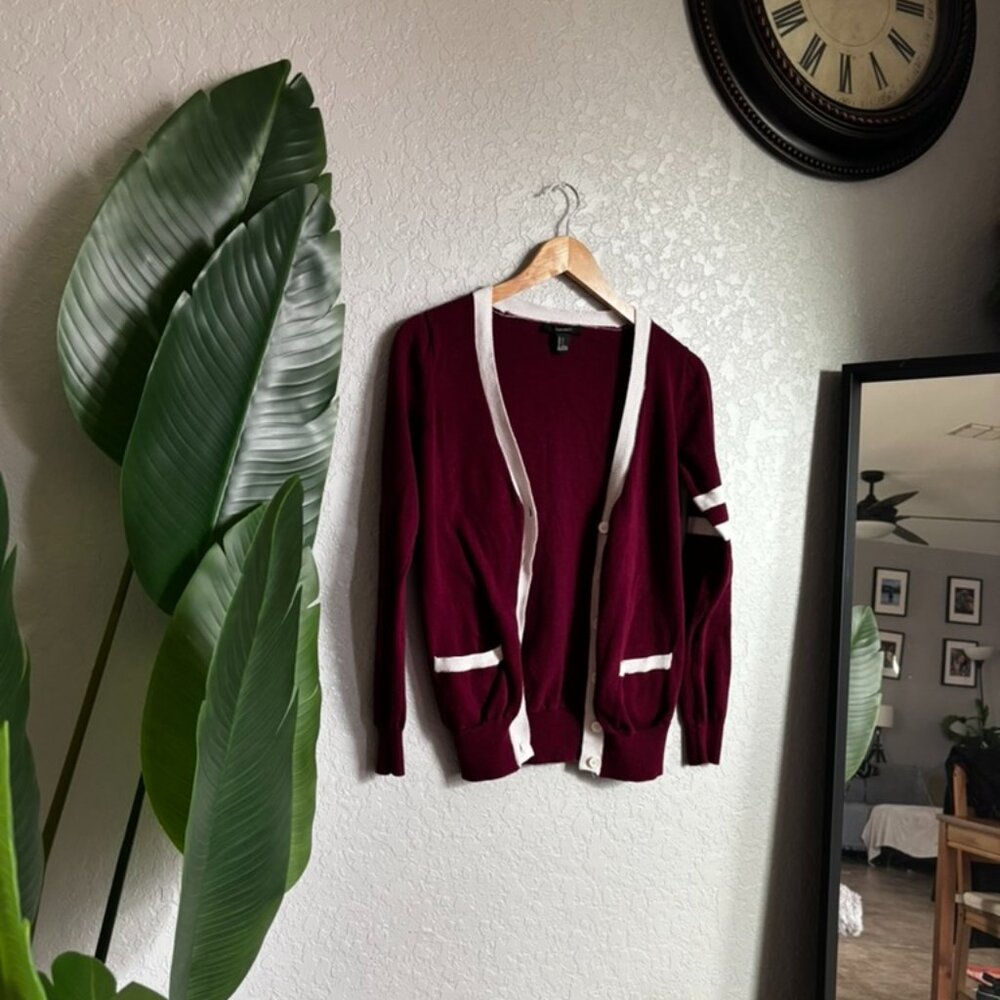 F21 Burgundy Open Front Cardigan with White Trim - Women’s Size M
